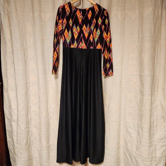 🌈 VTG 70s Geometric Maxi Gown Black Pink Orange Disco 🕺 - Picture 3 of 7